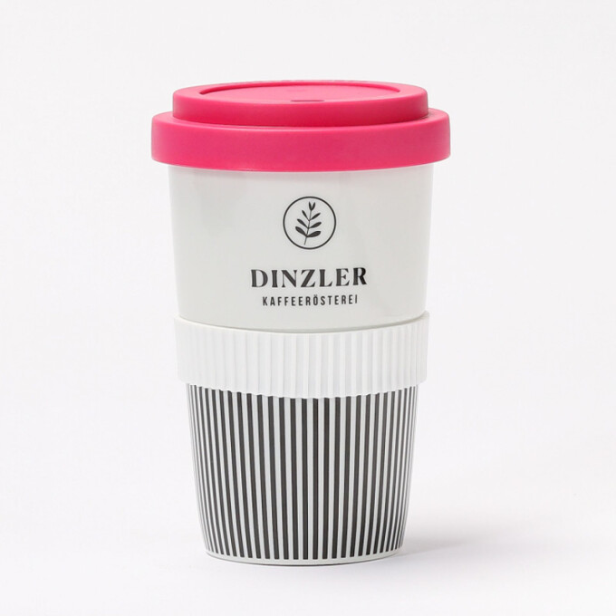 Dinzler Kaffeerösterei - Kaffeebecher To Go Porzellan mit Dinzler Logo, Deckel mit Verschlusslasche Pink