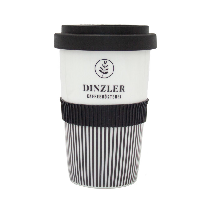 Dinzler Kaffeerösterei - Kaffeebecher To Go Porzellan mit Dinzler Logo, Deckel mit Verschlusslasche Schwarz