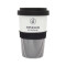Dinzler Kaffeerösterei - Kaffeebecher To Go Porzellan mit Dinzler Logo, Deckel mit Verschlusslasche Schwarz